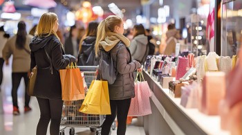 Crowded store with shoppers holding bags and pushing carts filled with products during a Black Friday sale event.